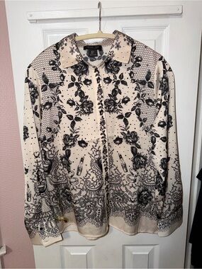 Rachel Zoe silky cream/black button down blouse, small, nwot